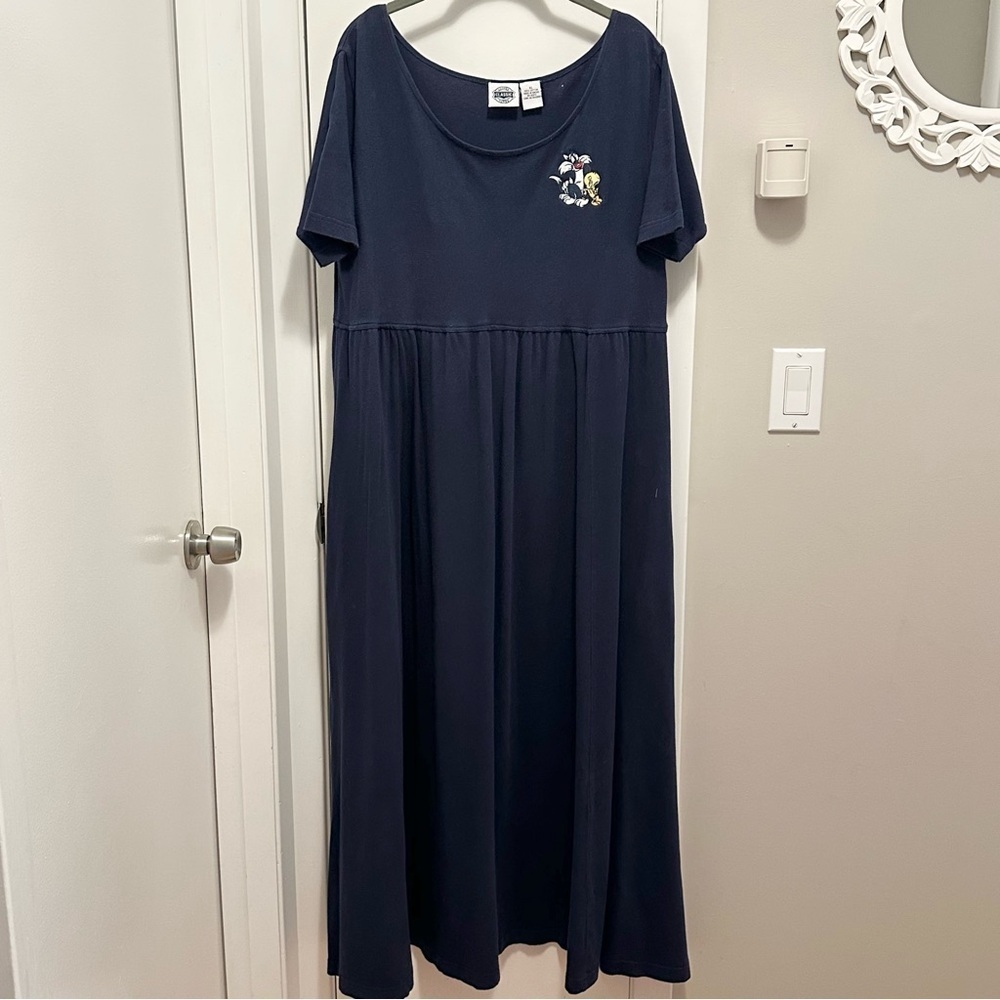 Vtg Looney Tunes 1995 Warner Bros Maxi Dress Navy XL Sylvester Tweety RARE